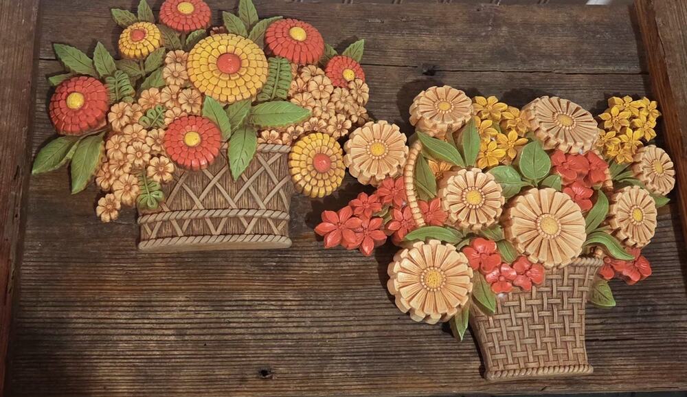 Vintage Syroco Flower Baskets Wall Decor Set Floral MCM Cottagecore Collectible
